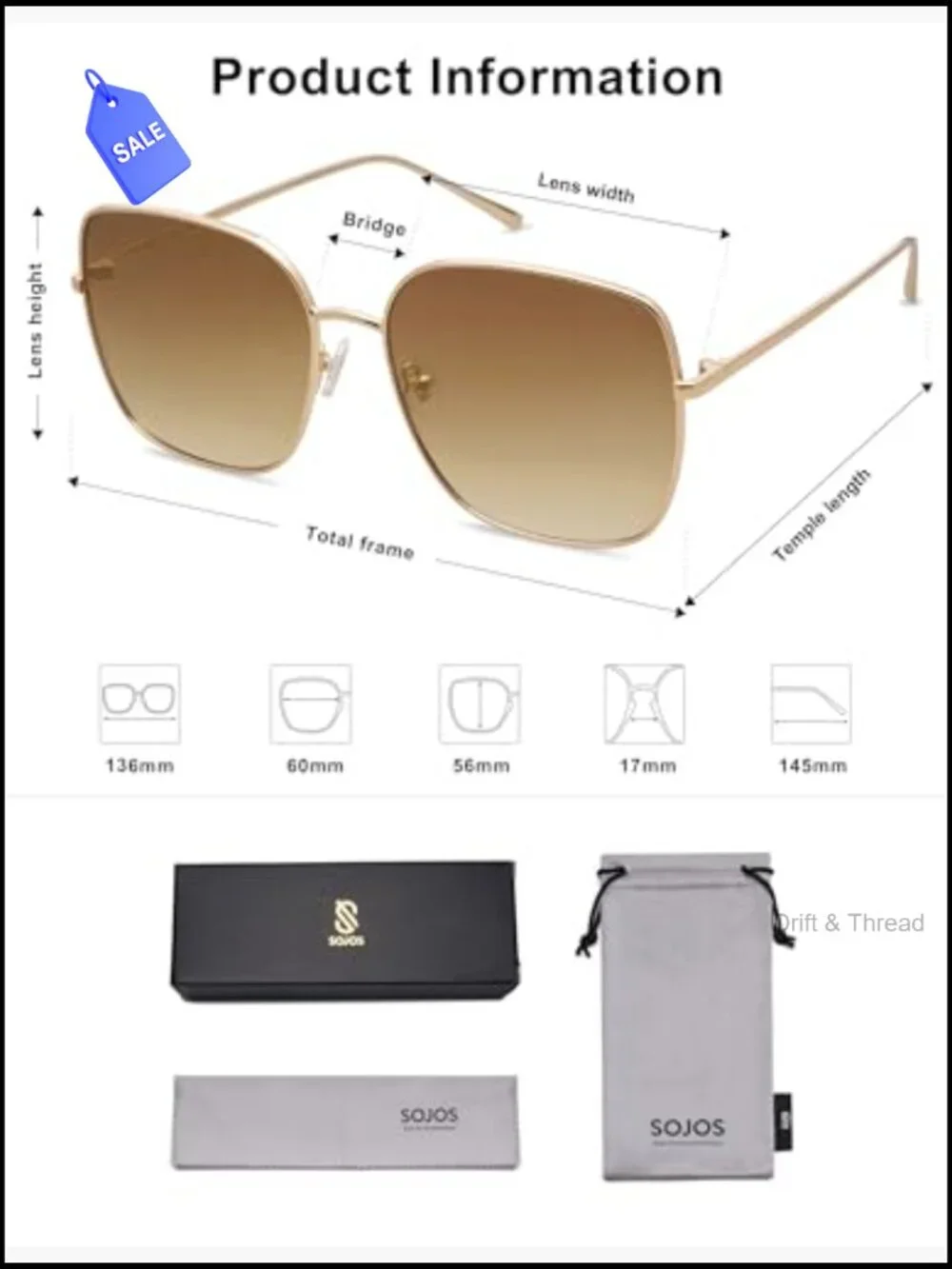 Oversized Square Metal Frame Sunglasses UV400 Protection Retro Big Lens